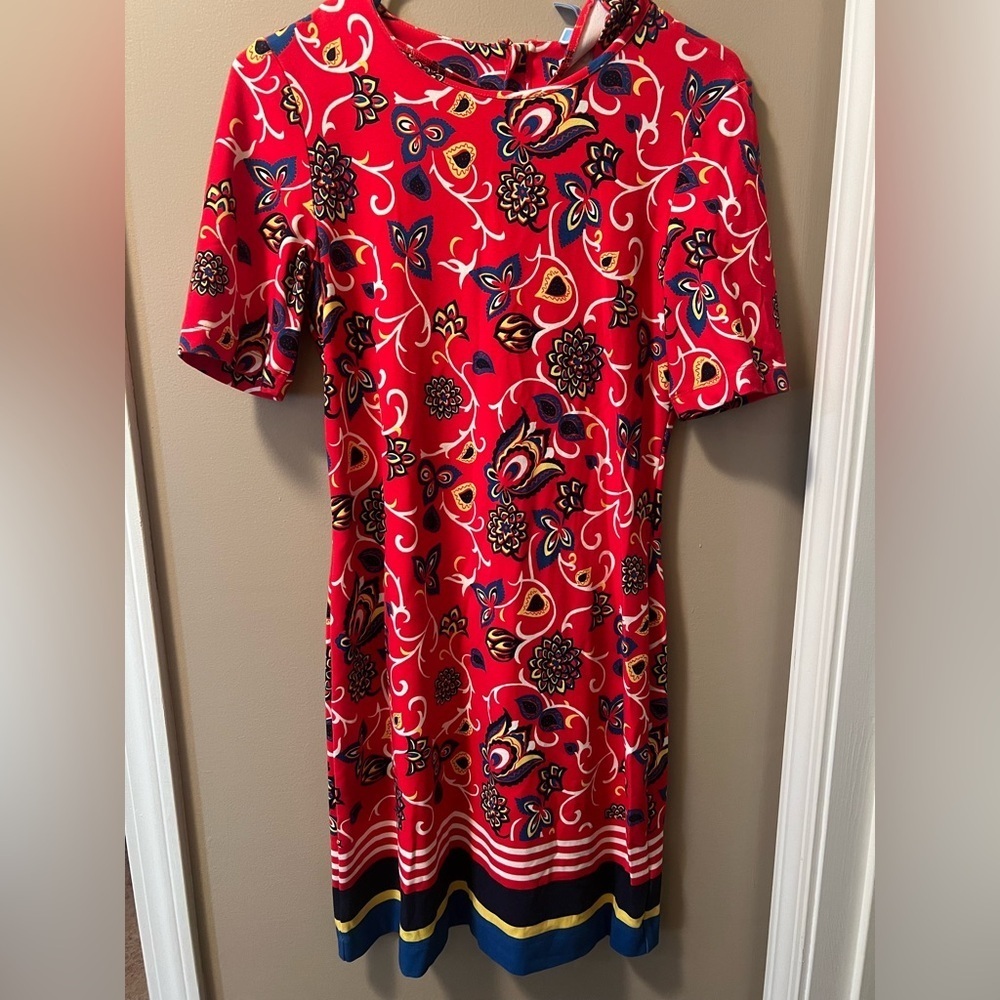Draper James Vibrant Red and Blue Patterned Business Casual Dress Size XS